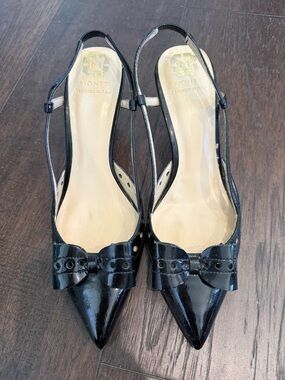 Monet Black Patent Leather Pointed-Toe Slingback Pumps with Bow
